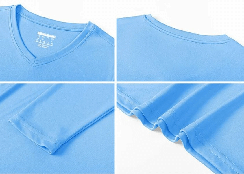 Sun-protective women's sports top in blue, V-neck, long sleeves, lightweight polyester, ideal for hiking, features UPF 50+ protection.